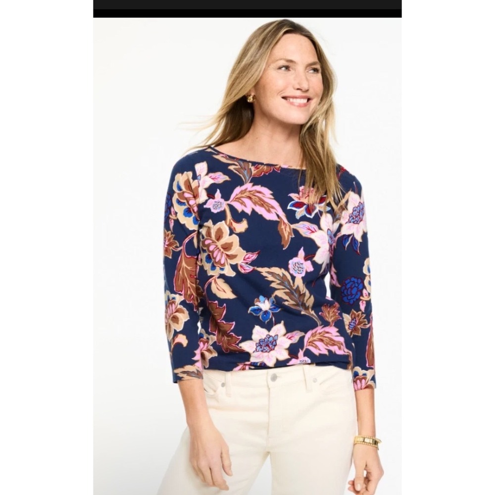 Talbots Tee Women LP Navy Blue Floral Print Excellent 3/4 Sleeve Boat Neck Top